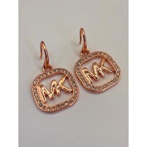 Michael Kors Rose Gold Tone MK Logo Pave Crystal Square Drop Earrings Womens
